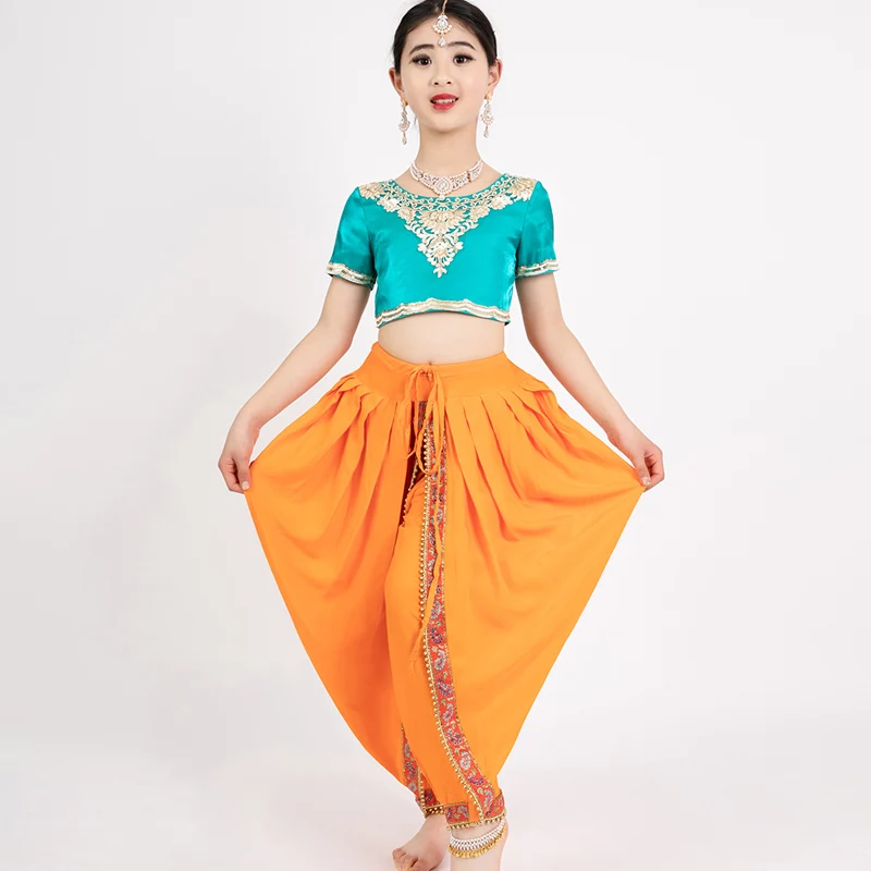 India Sarees Children Performance Set Cloth Girl Ethnic Lehenga Choli Belly Dancing Suits Two Pieces Blouse Pants