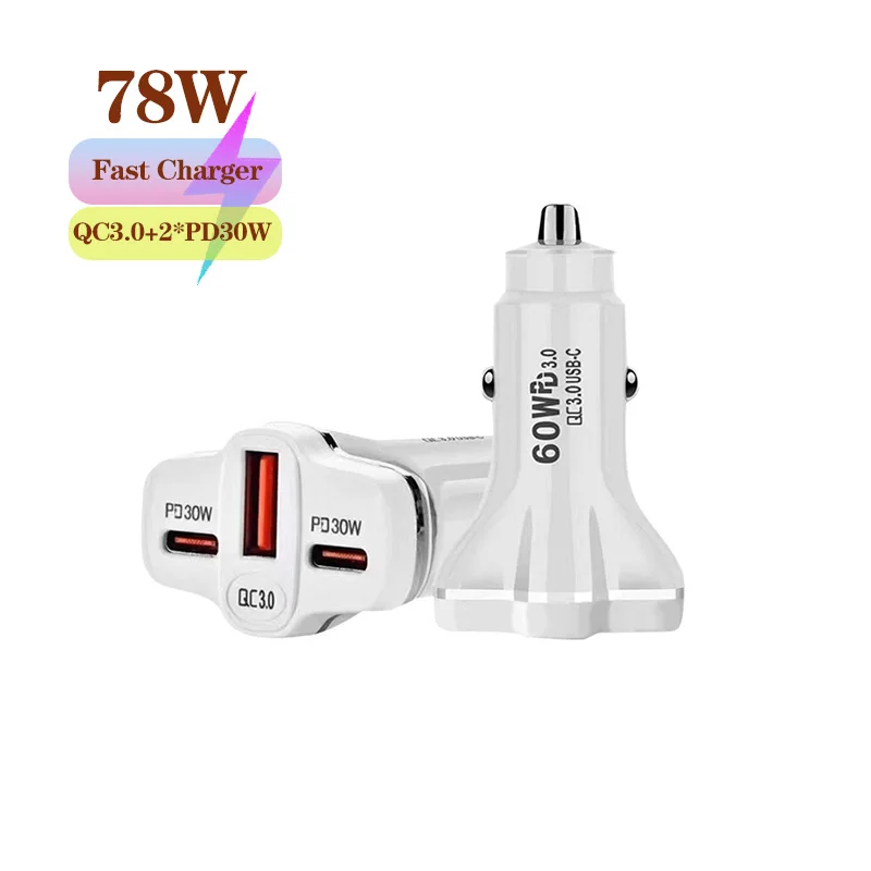 

3Port 78W Car Charger with PD30W QC3.0 Super Fast Charging USB car Cigarette Lighter Adapter for huawei/iphone/samsung/vivio