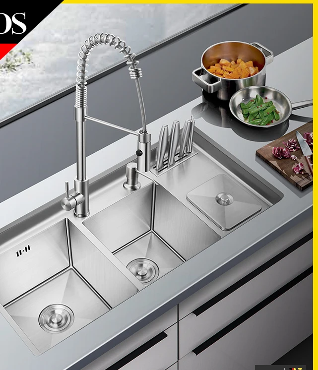 Thickened 304 stainless steel multifunctional kitchen manual sink, vegetable washing basin set meal with trash can