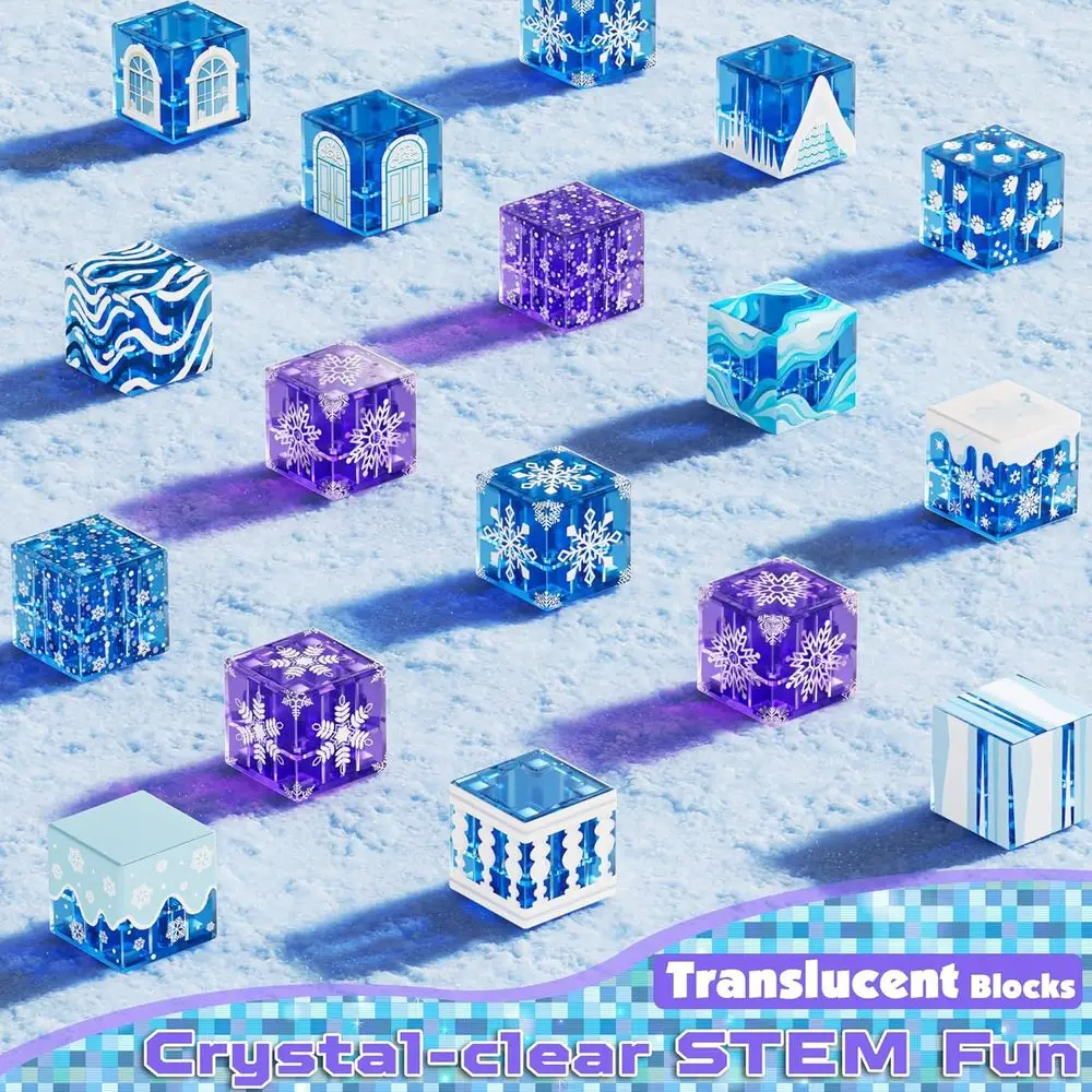 200ピースの磁気発光ブロックセット、青い雪の城を構築するための透明な磁気ブロック、女の子向けの理想的なプリンセスおもちゃ