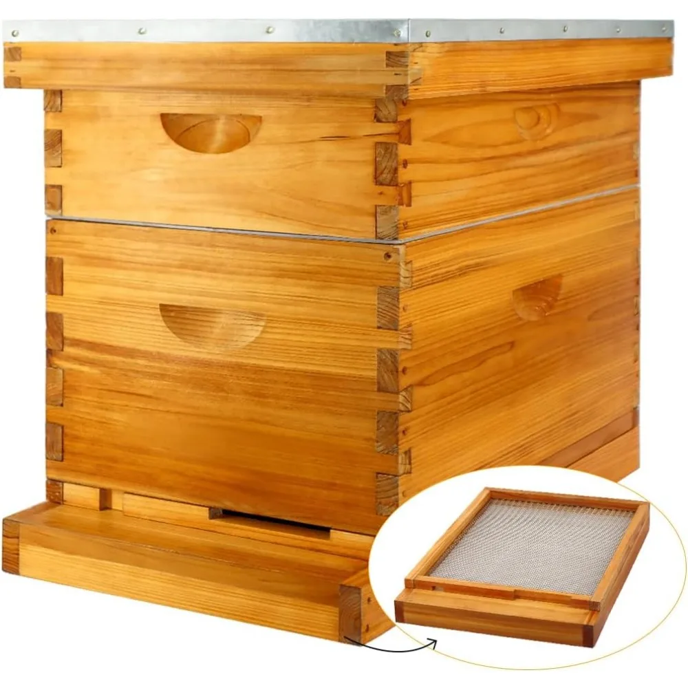 

8 Frame Screened Bottom Board Beehive Dipped in 100% Beeswax, Bee Hives Kit Includes 1 Deep Boxes & 1 Medium Hive Box