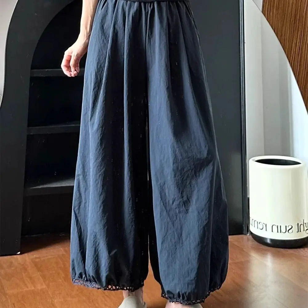 

High Waist Wide Leg Lantern Pants Women's Summer Thin Dark Blue plus Size Flower Bud Nine Point Pants Japanese Style Casual P...