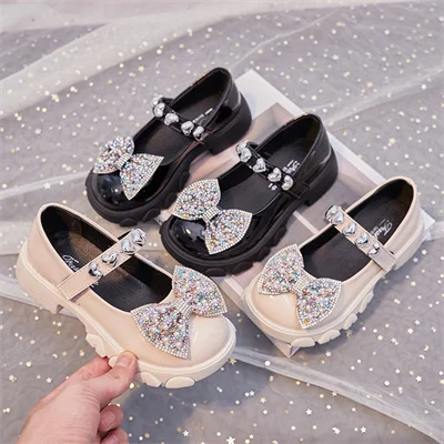 Girls Round Head Small Shoes with Love Diamond-bow Two Colors, Spring and Autumn New Outdoor PU Girls Shoes, Size 26-36