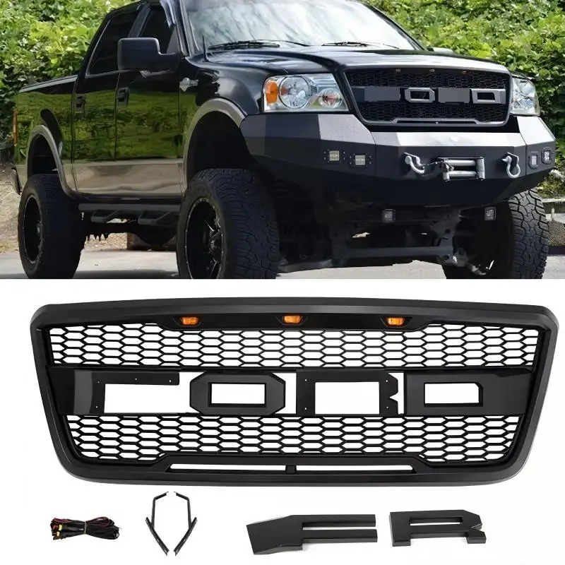 Front Grill Mesh Grille OLIVER Compatible with 2004-2008 F150 W/DRL & Turn Signal Lights Matte Black JJ32