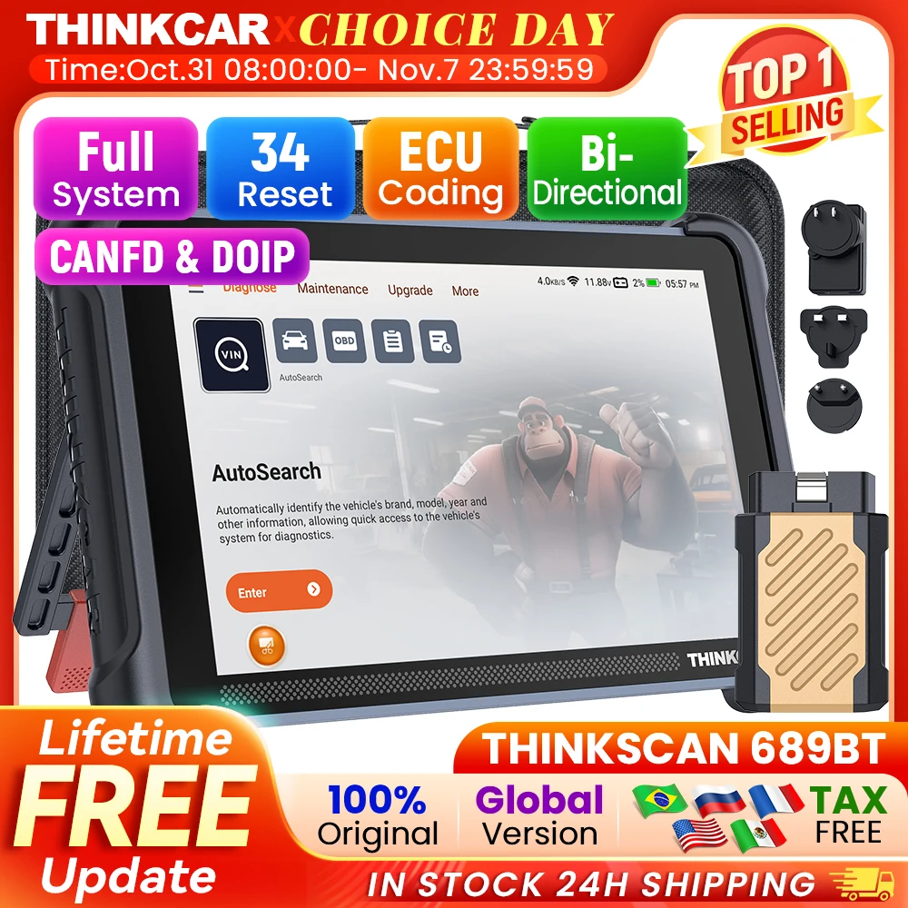 

THINKCAR THINKSCAN 689BT Профессиональный автомобильный диагностический инструмент CANFD DOIP Двунаправленное кодирование ЭБУ 34 Сброс Полный системный сканер Obd2