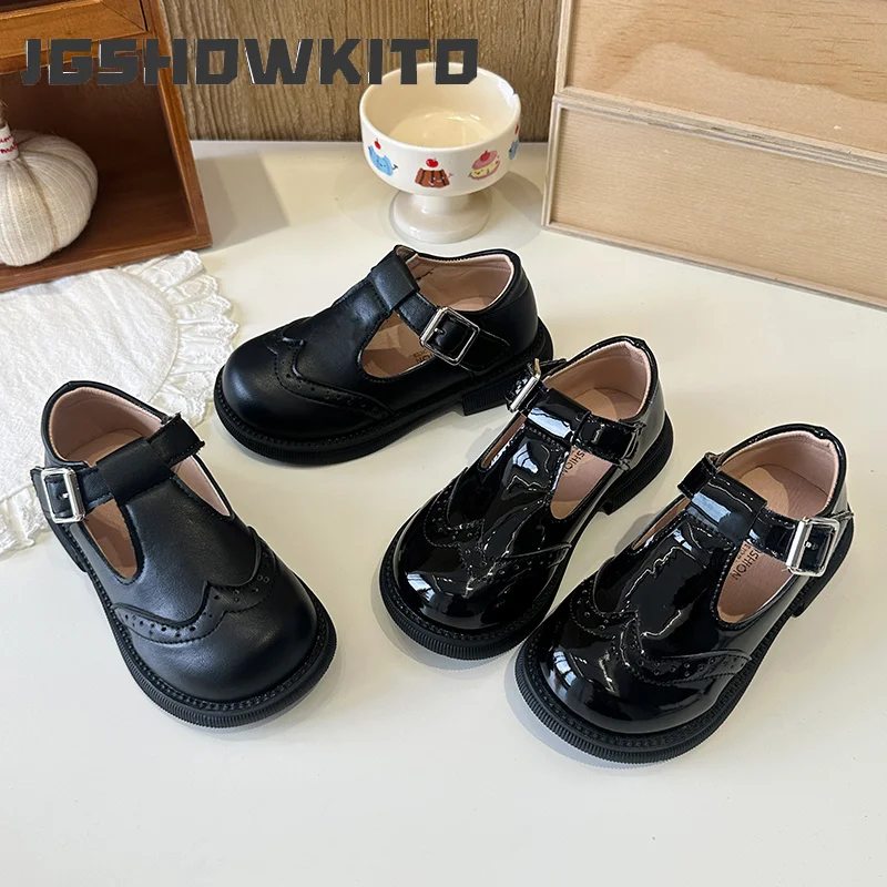 JGSHOWKITO Girls Mary Jane Shoes T‑Strap Hollow-out Children School Leather Shoes Formal Uniform Black Kids Princess Dress Shoes