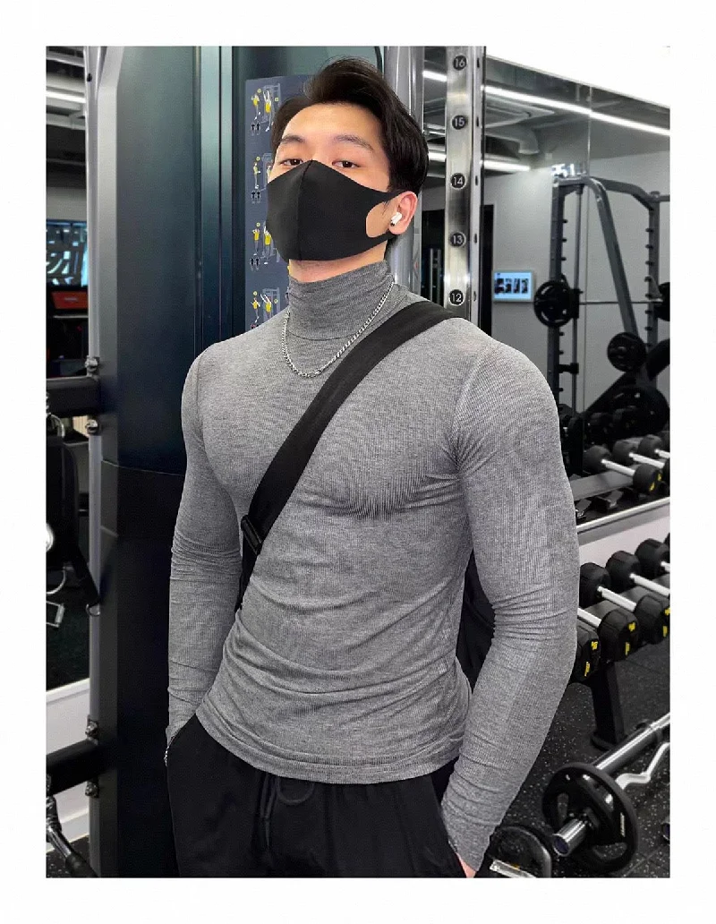 Men Mock Neck Long Sleeve Athletic Compression Tops Running Training Muscle Shirts Autumn Winter Fitness Base Layer Sport Unders