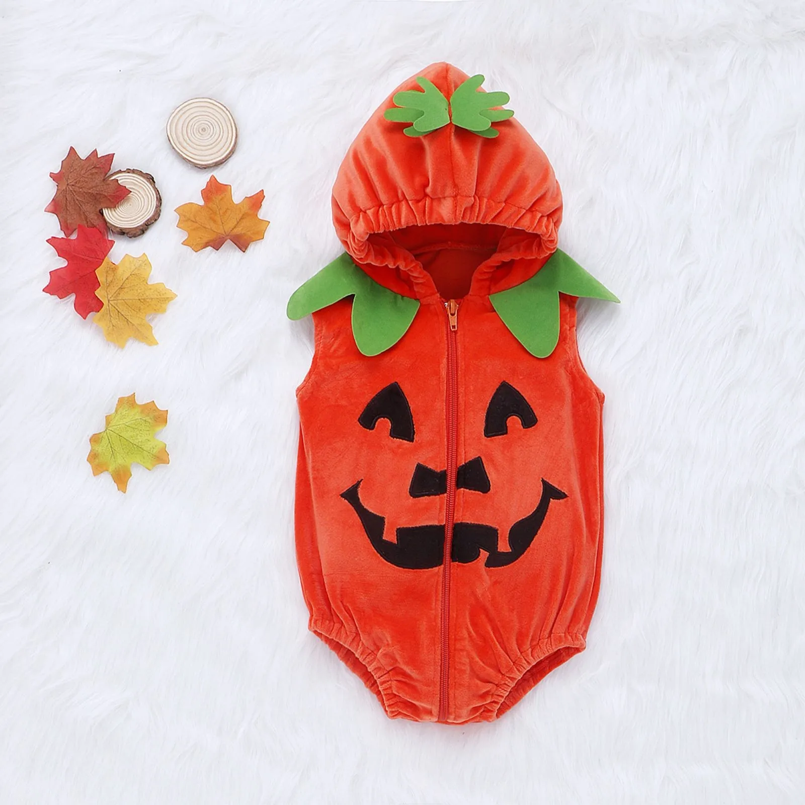 

Halloween Children'S Sleeveless Pumpkin Shaped Hooded Zipper Triangle Jumpsuit Suitable For Leisure Daily Life Photography