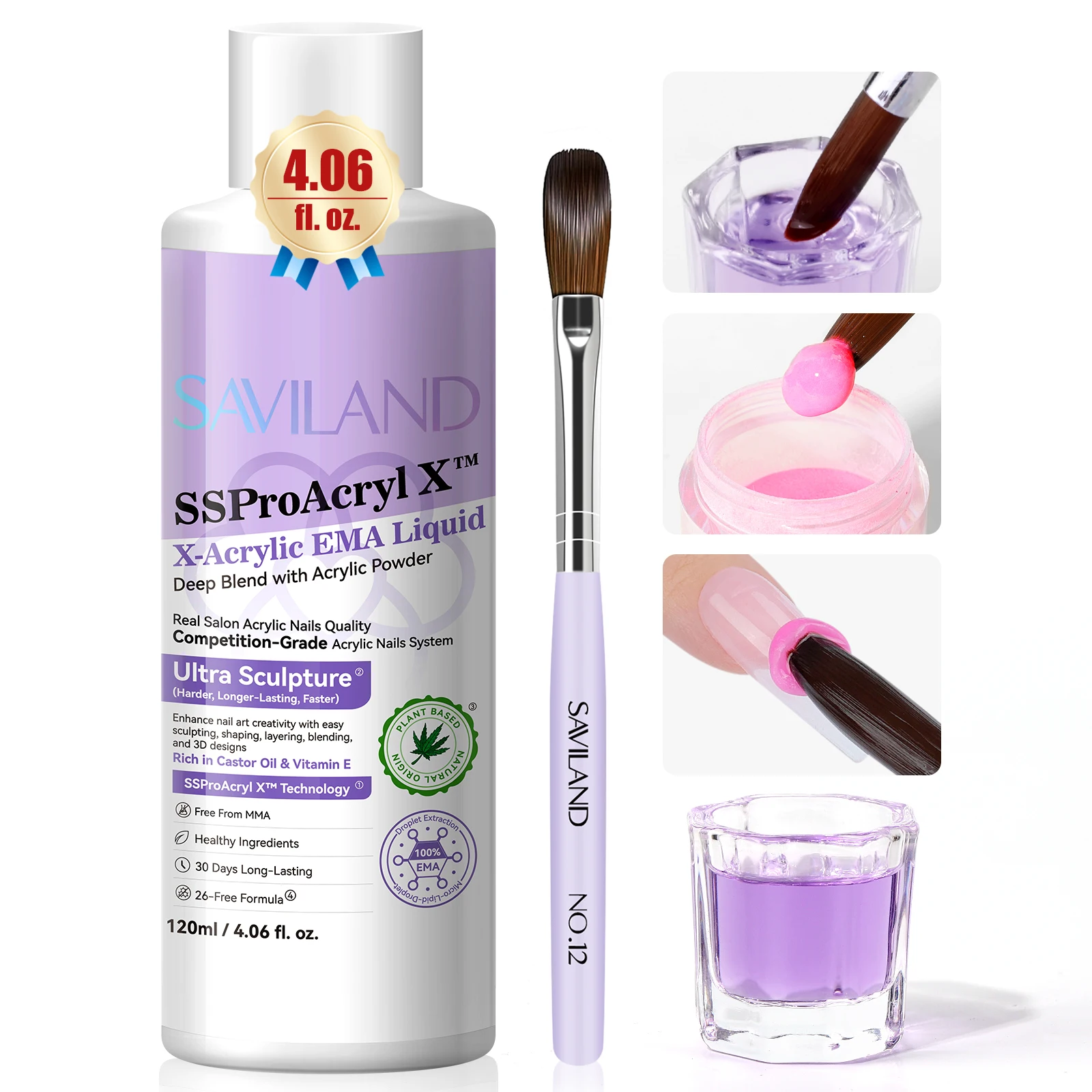 サヴィランド モノマーアクリルネイルリキッド 4オンス 12個入り #   ネイルエクステンション初心者向けDIY用ネイルブラシとダッペンディッシュ