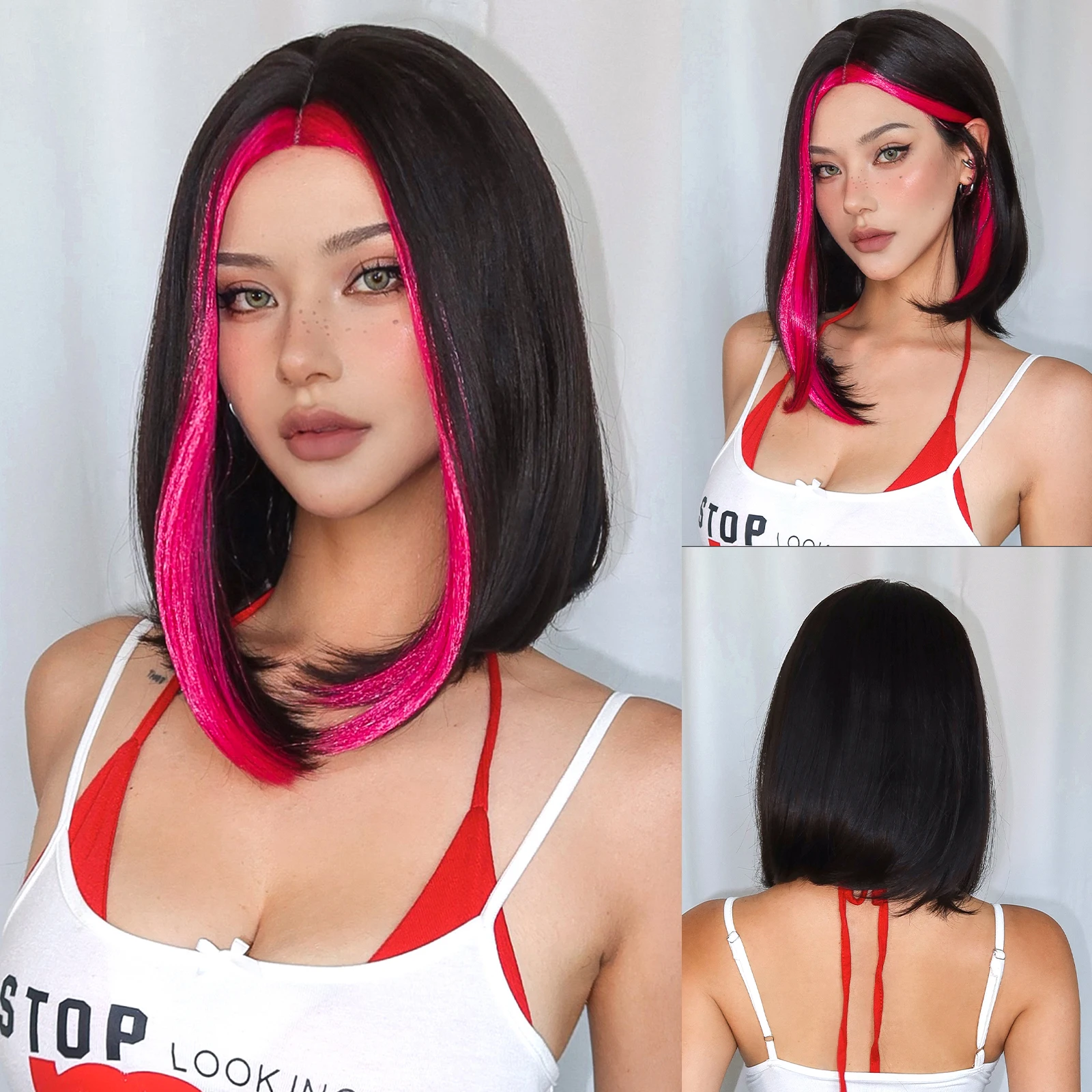

Black Pink Highlight Synthetic Wigs Middle Part Short Bob Straight Wig Use Heat Resistant for Women Daliy Party Cosplay Lolita