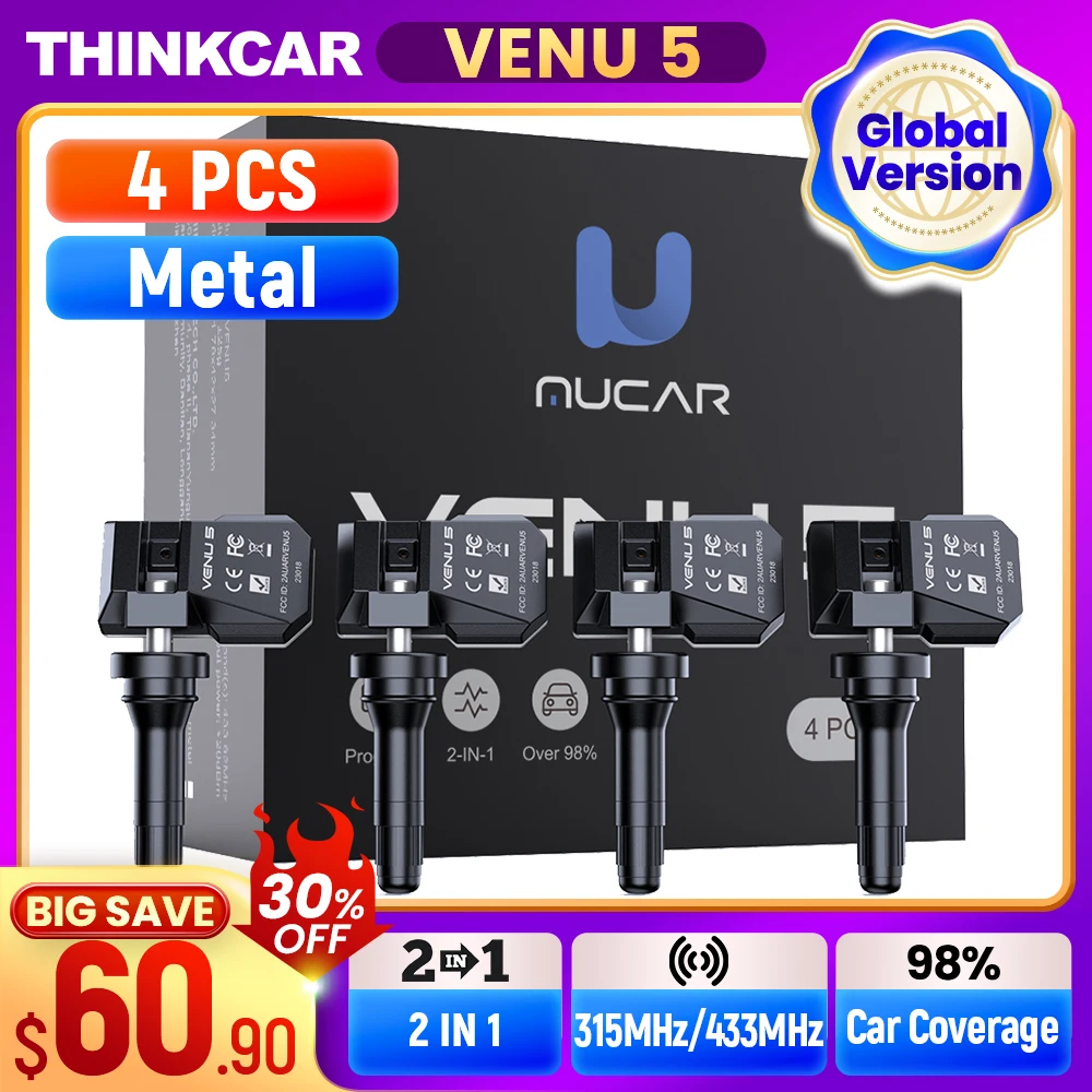

MUCAR VENU 5 Датчик 433 315 МГц Датчик TPMS 2 в 1 Инструменты для ремонта шин Сканер Монитор давления в шинах Тестер Программирование 4 шт. Металл