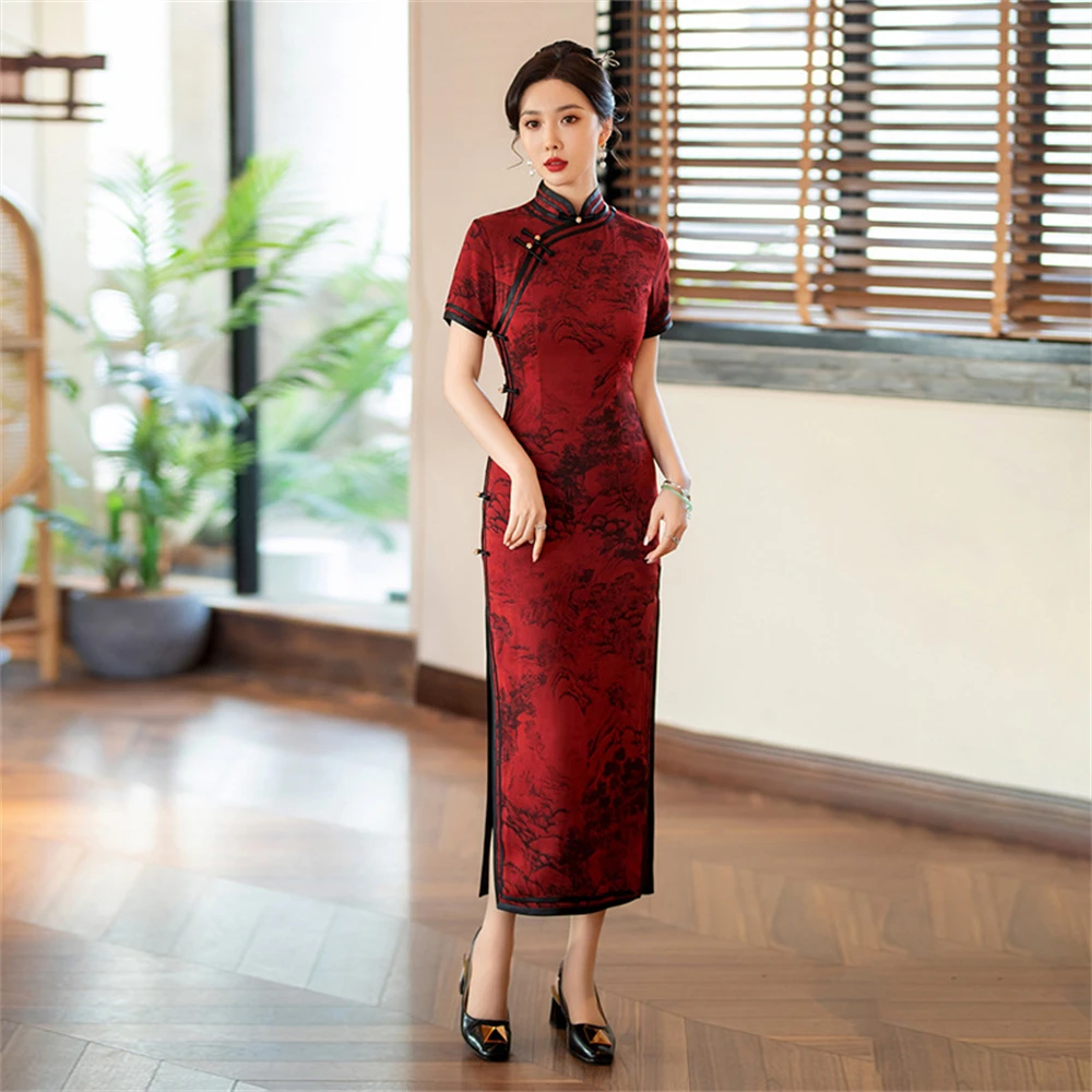 Retro Cheongsam Red Print Classical Lady Qipao Young Style High-end Temperament Elegant Summer Dress Chinoise Evening Party Gown