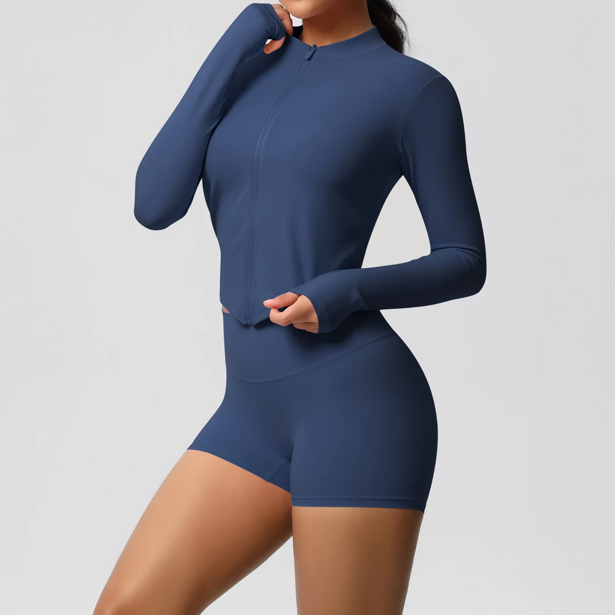 Setelan olahraga Yoga setelan olahraga wanita, jaket ritsleting ketat angkat pinggul, setelan Yoga celana pendek Gym olahraga lari untuk wanita