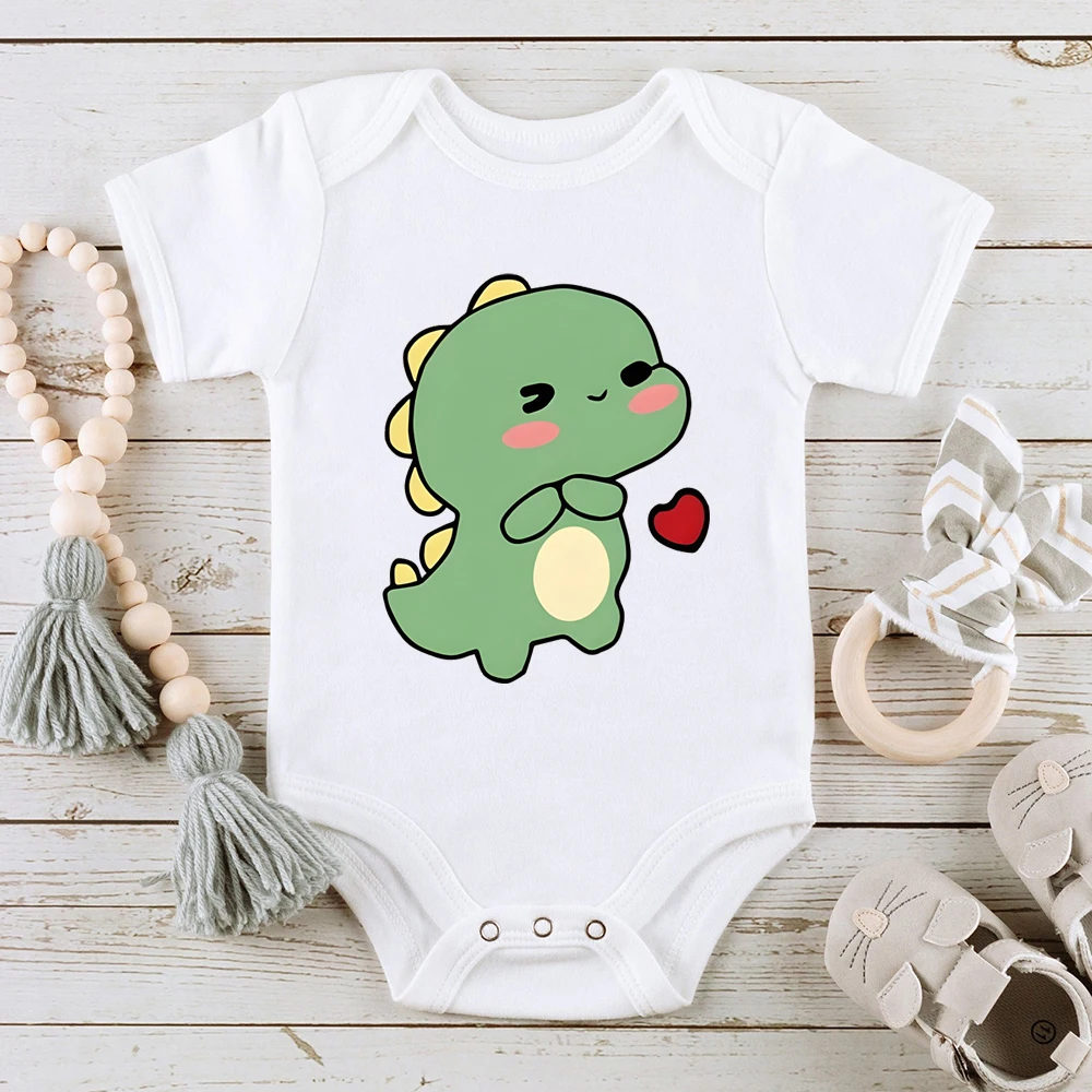 

Adorable 'Dinosaur Heart' Baby Boys And Girls Bodysuit, Short Sleeves, Crew Neck, Infant's Jumpsuit