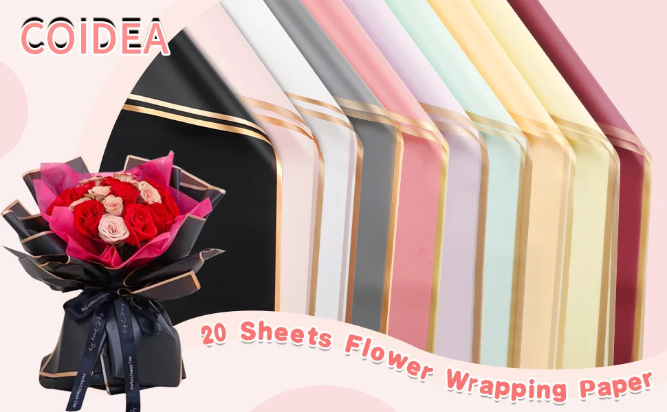 20 Sheets White Golden-edged, Waterproof Flower Wrapping Paper - Perfect for DIY Craft Packaging, Bouquet Wedding Gifts