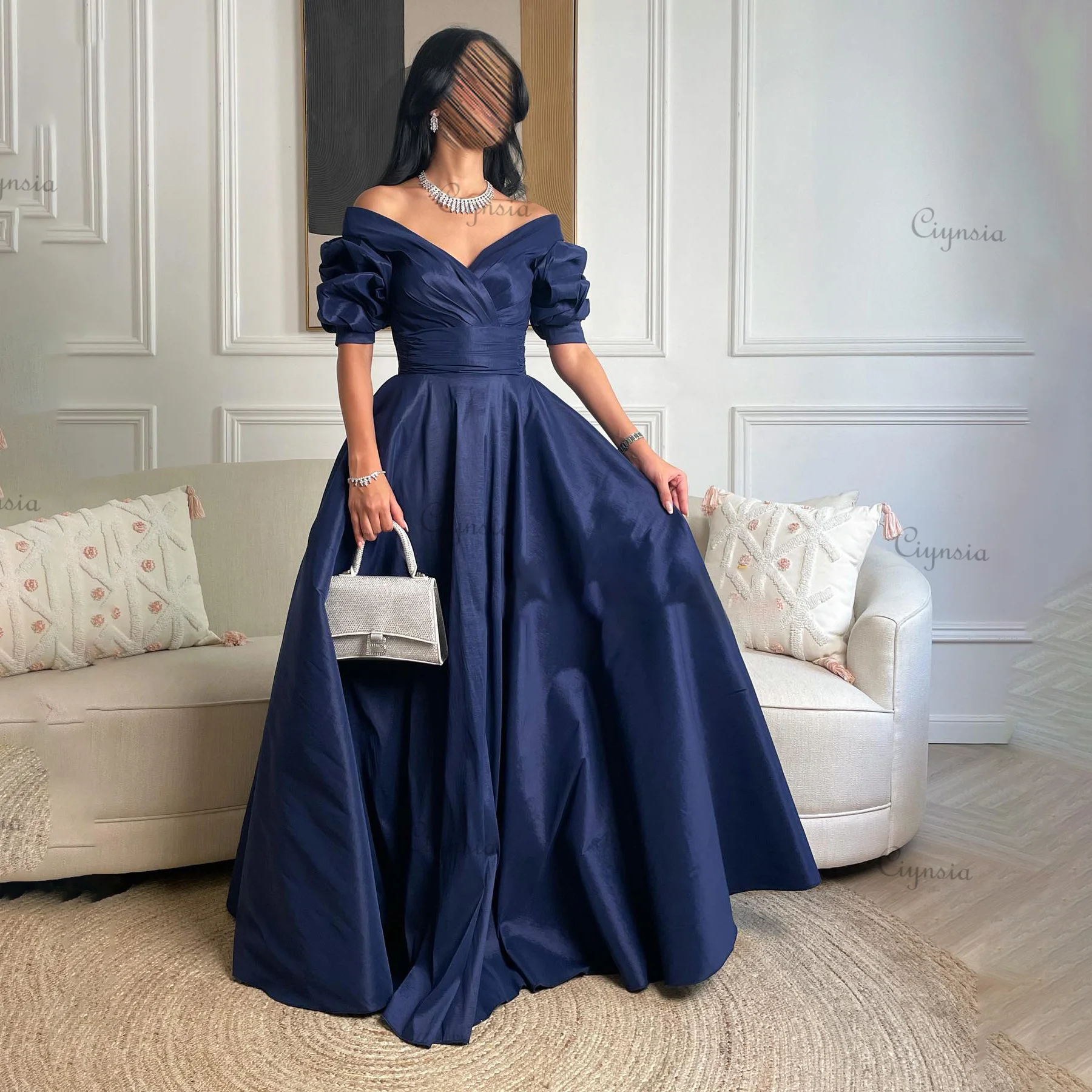 Ciynsia Dark Blue V-Neck Off Shoulder Evening Dresses Long A-Line Satin Formal Dress 2023 Simple Elegant Prom Gowns Party Women