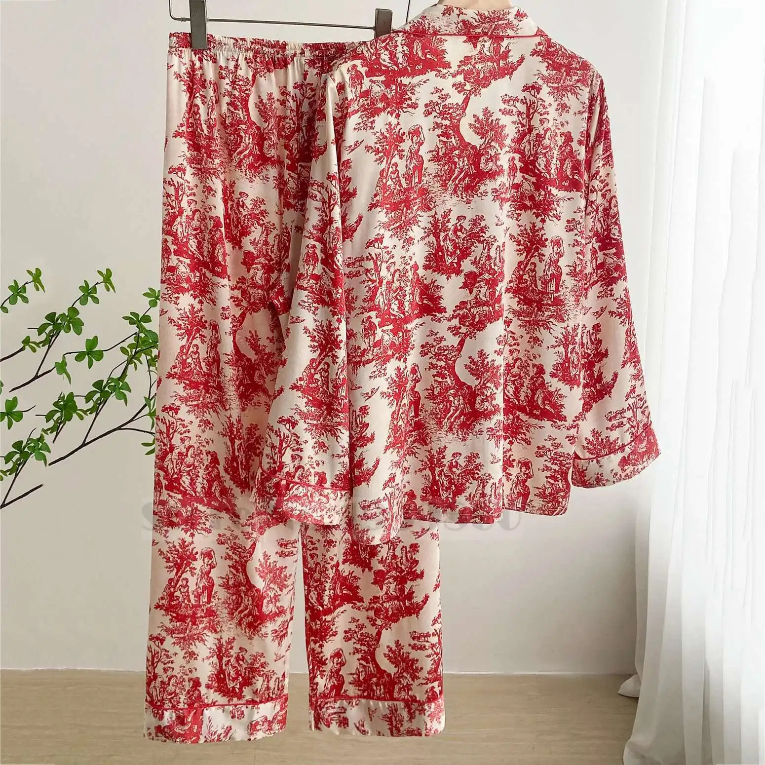 Moda vermelho impressão flor pijamas conjunto feminino pijamas primavera superior calças ternos lounge wear solto cetim homewear pijamas terno