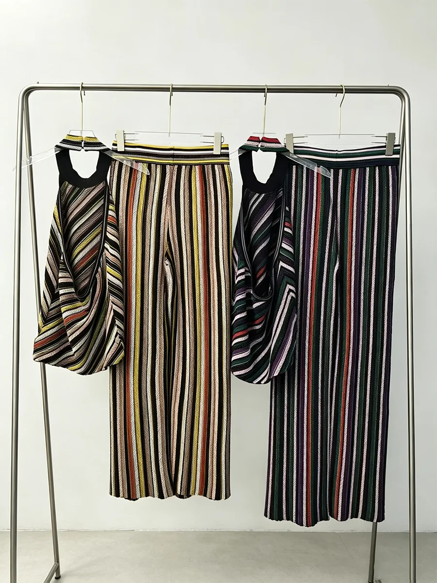 GALCAUR Colorblock Spliced Stripe Slim Two Piece Set for Women Round Neck Sleeveless Top High Waist midi Skirt Sets Female New