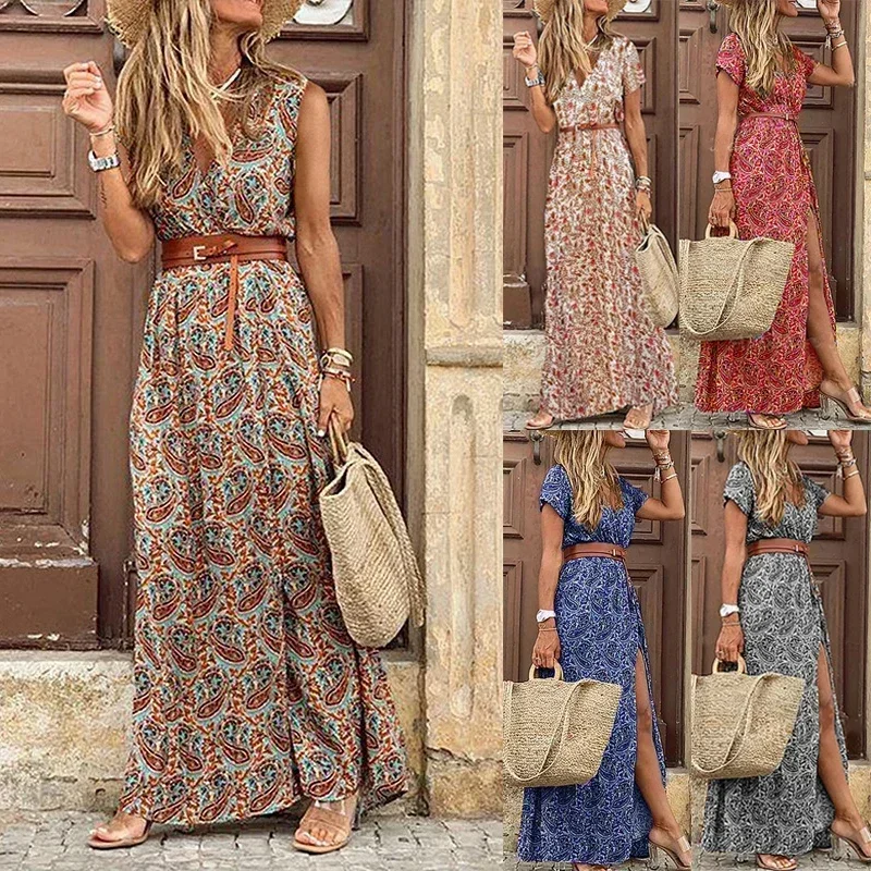 Boho Summer Long Dress for Women Elegant Evening 2023 Vestidos de Mujer Dresses Robe Femme Casual Maxi Short Sleeve Clothing