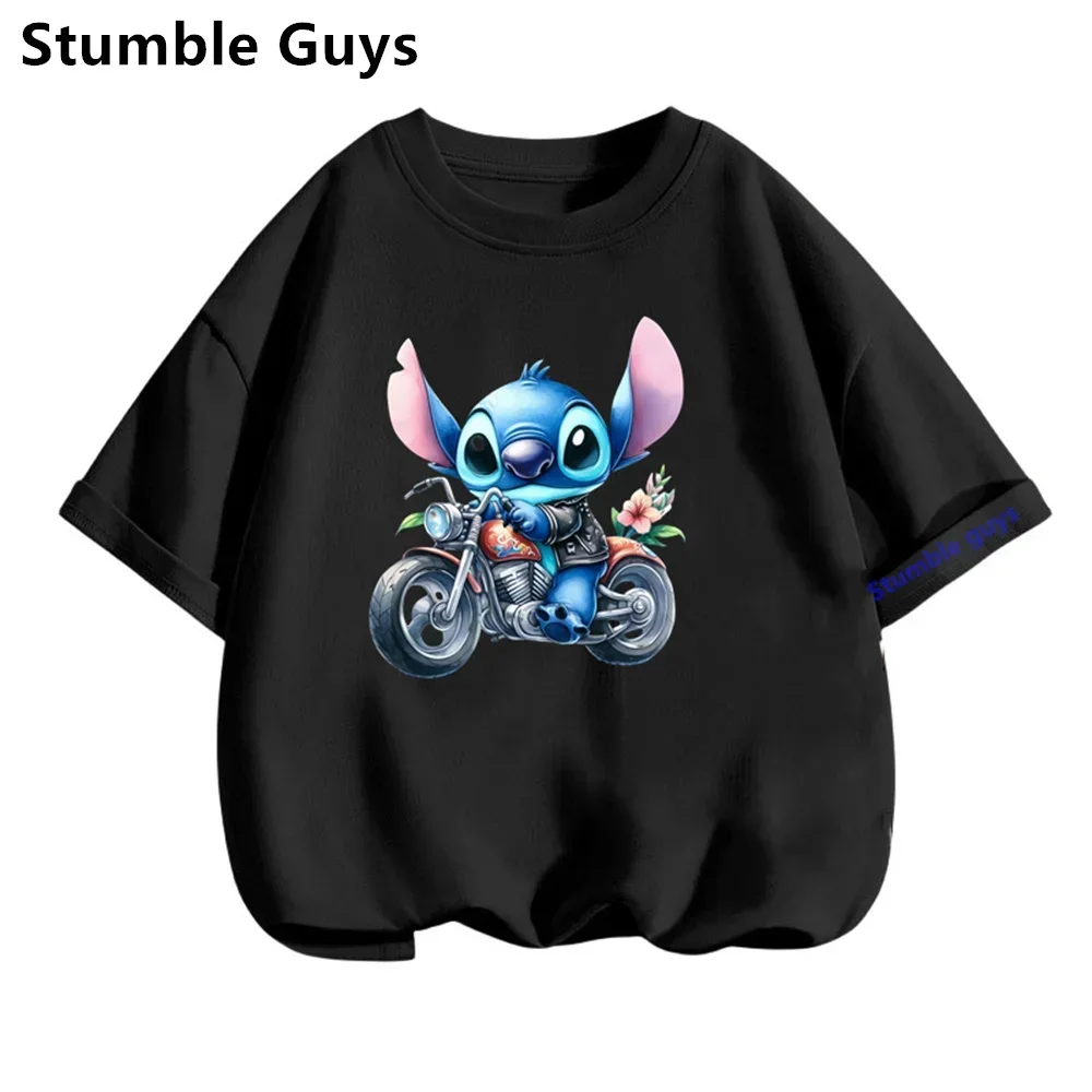 New Disney Pure Cotton Children's Girls T-shirt Short sleeved Disney Stitch Boys Pure Cotton Cartoon Top T-shirt Short sleeved