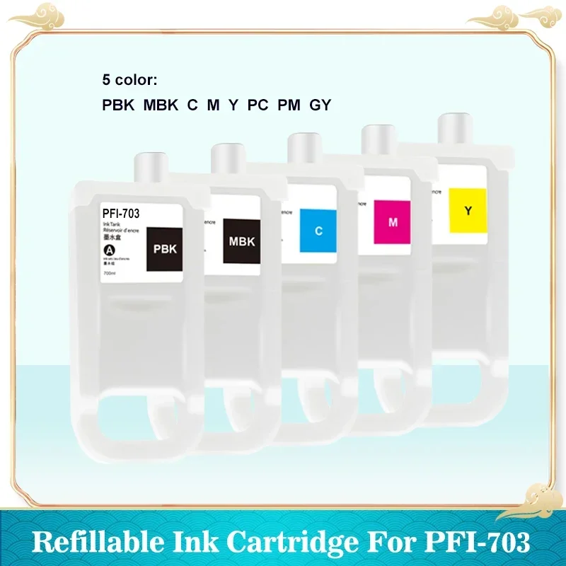 

PFI-703 PFI703 Refillable Ink Cartridge with Compatible Chip for Canon IPF810 IPF815 IPF820 IPF825 Printer 700ML 5 Color/set