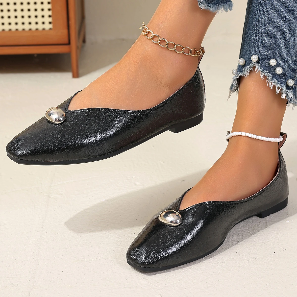 Frauen Wohnungen Plus Größe Französisch Stil Schuhe One Step Flache Karree Loafers Schuhe Vielseitige Bequeme Sommer Turnschuhe Frauen – Detail 4