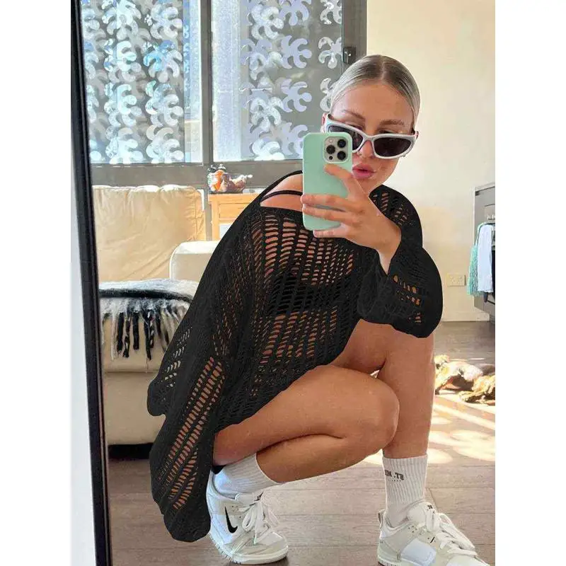 

European Sle Women's Summer Thin Knitted Net irt Long Sve Sweet Sle Cotton Blend Bell Sve Ultra Thin Net irt