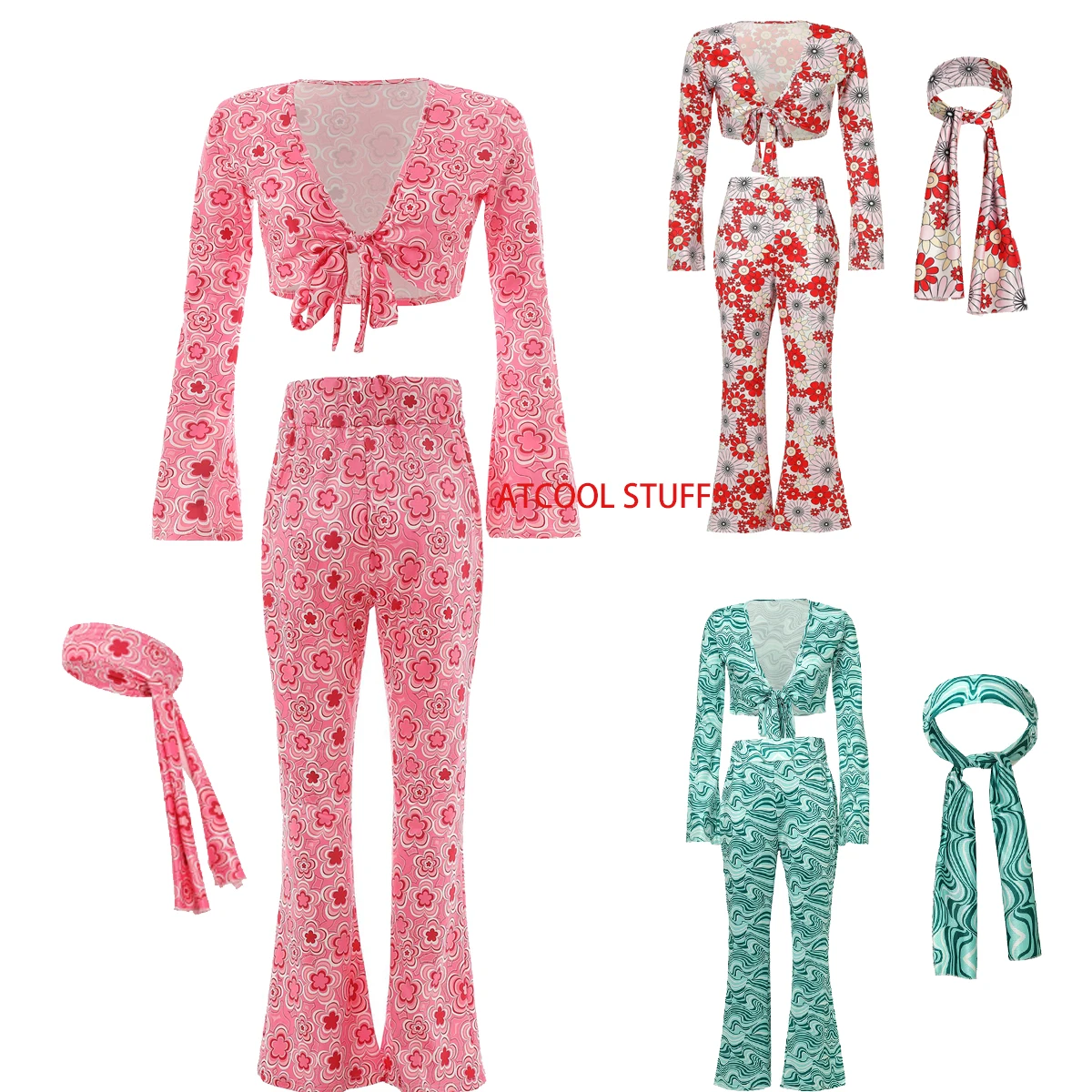 Women hippie Style Crop Top and Bell Bottom Pants 60s 70s Sexy Disco Set Peach Love Carnival Costume Set Party Costume Music Fes