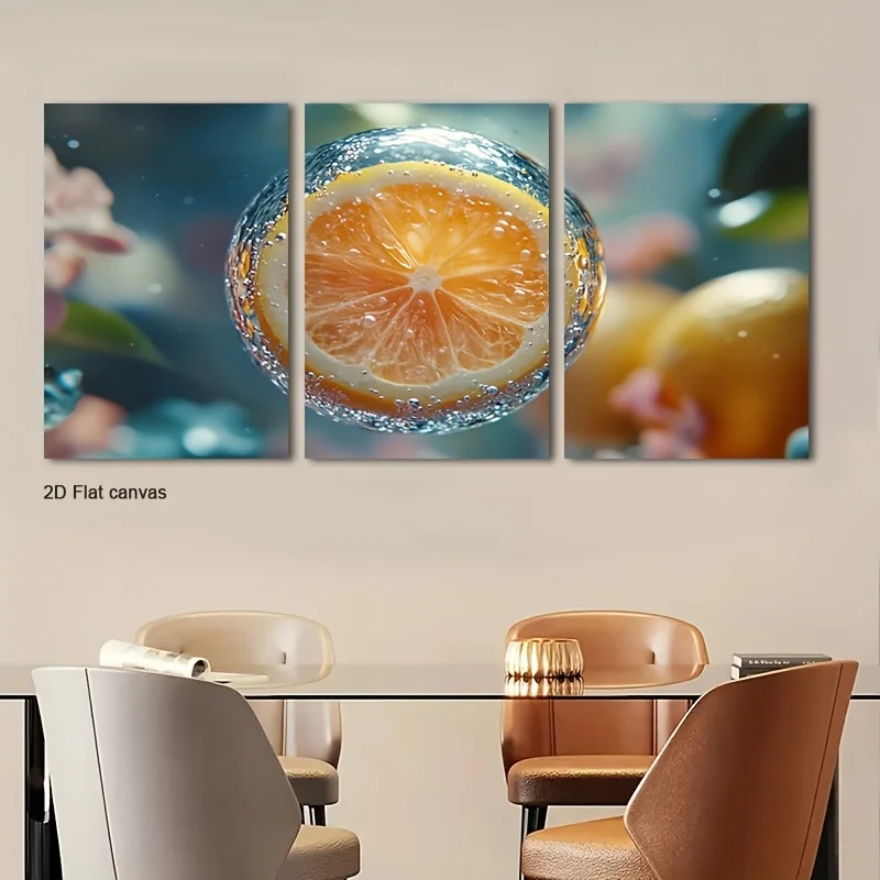 2D Flat Canvas 3pcs Lemon in Bubbly Spher Canvas Wall Art, Framed and Ready to Hang, Suitable for Room Decor, Office Decor, H