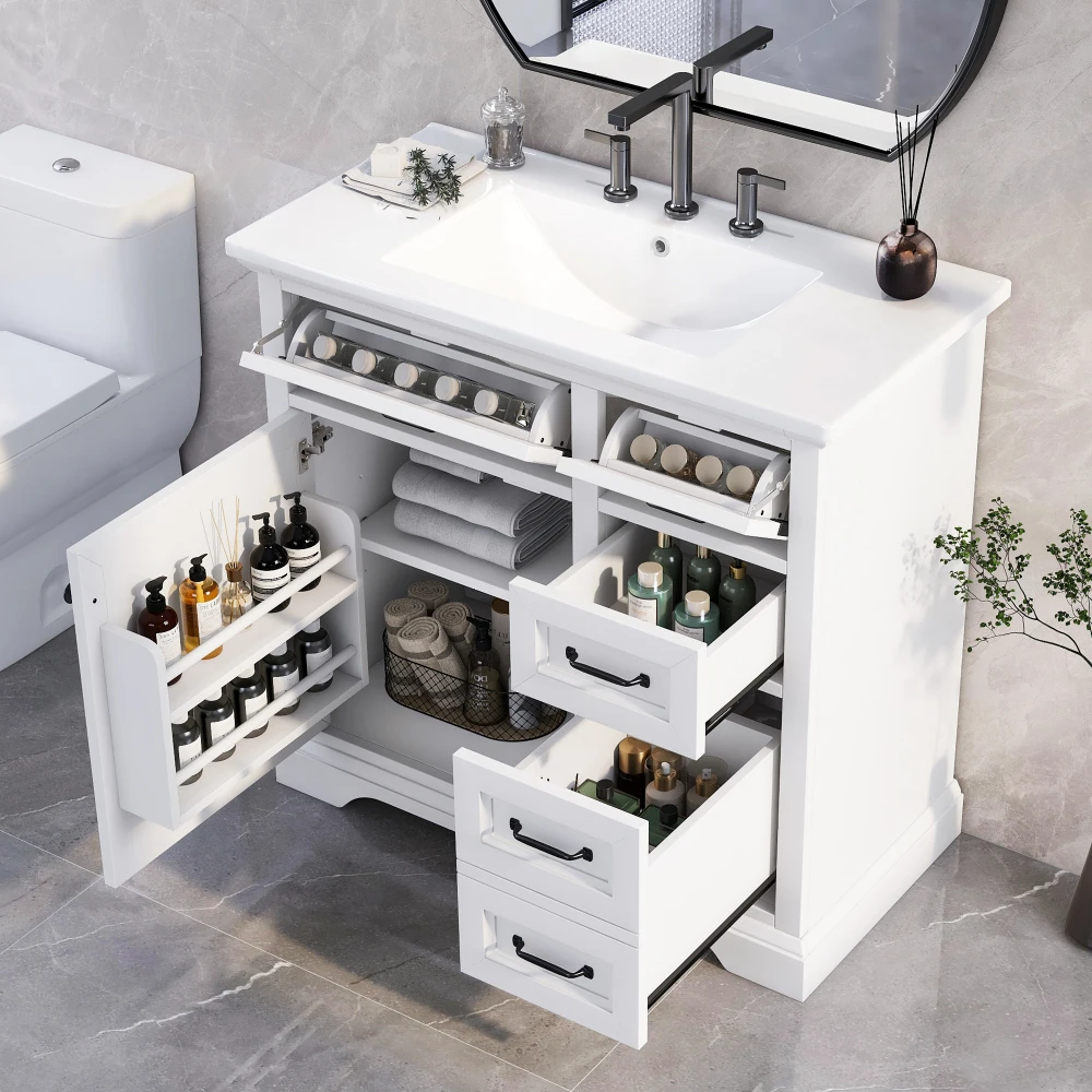 

36" Bathroom Vanity with Sink, Ceramic Sink, 2 Tip-out Drawers, Soft Close Door Hinges, White