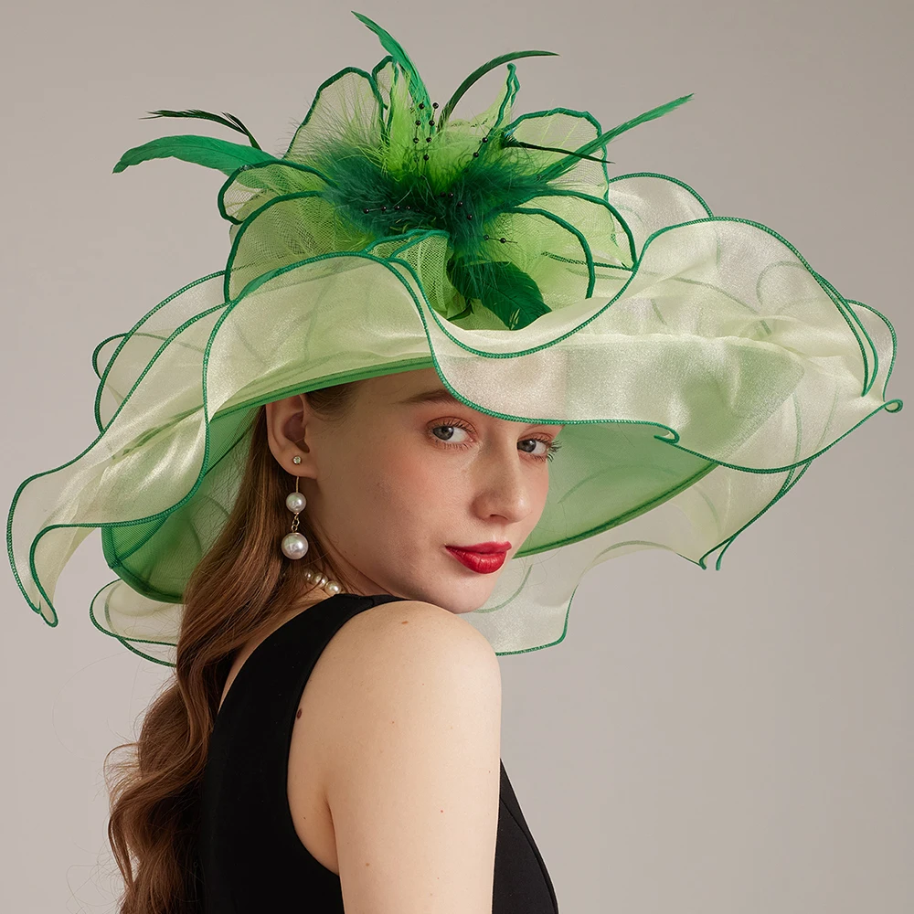 FS Navy Green Church Hats For Women Elegant Organza Wide Brim Kentucky Derby Hat Ladies Formal Wedding Bride Cap Chapeau Femme