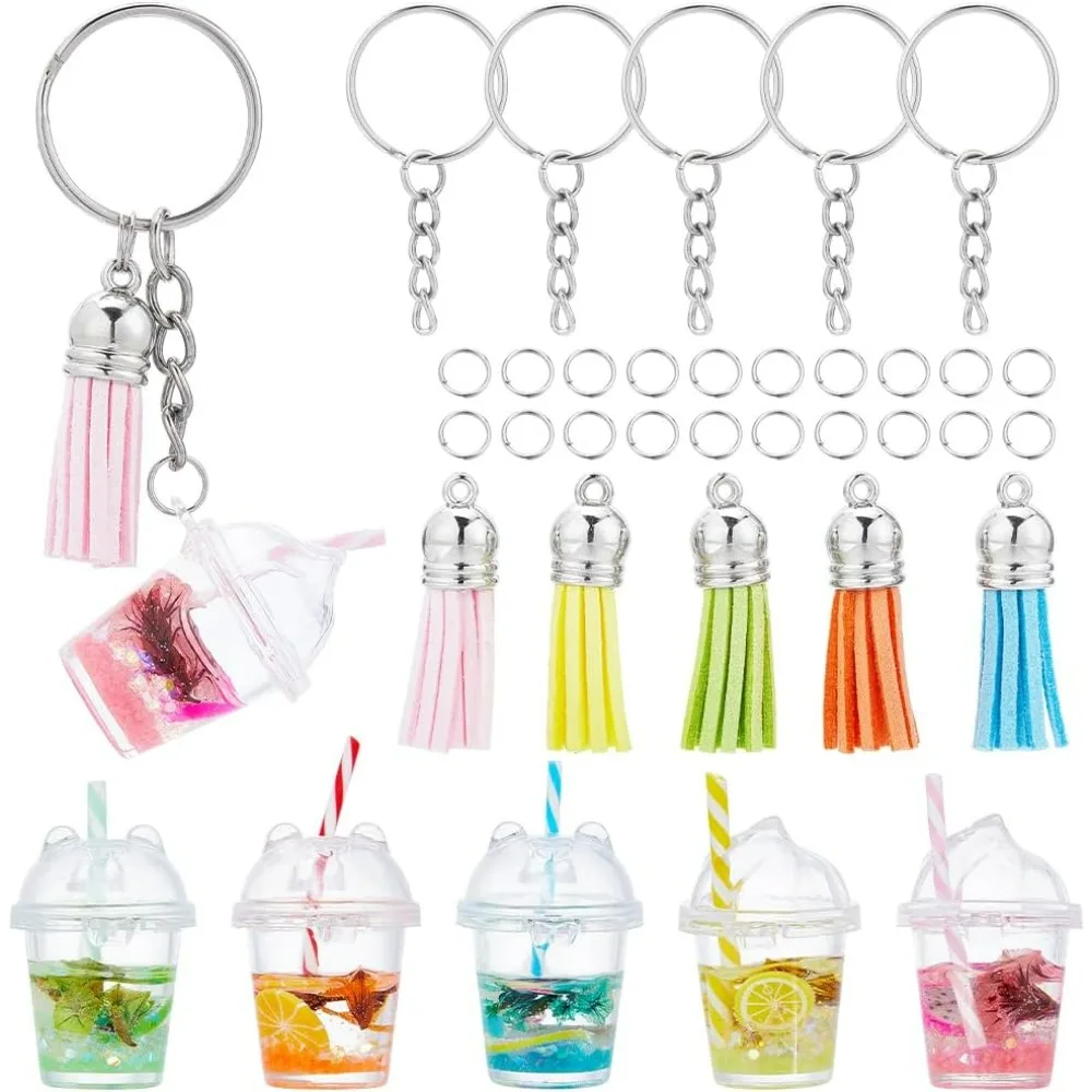 35Pcs DIY 5 Sets Bubble Tea Keychain Kit Bubble Tea Charms Bubble Key Chains Mini Milk Fruit for Jewelry Making Kits