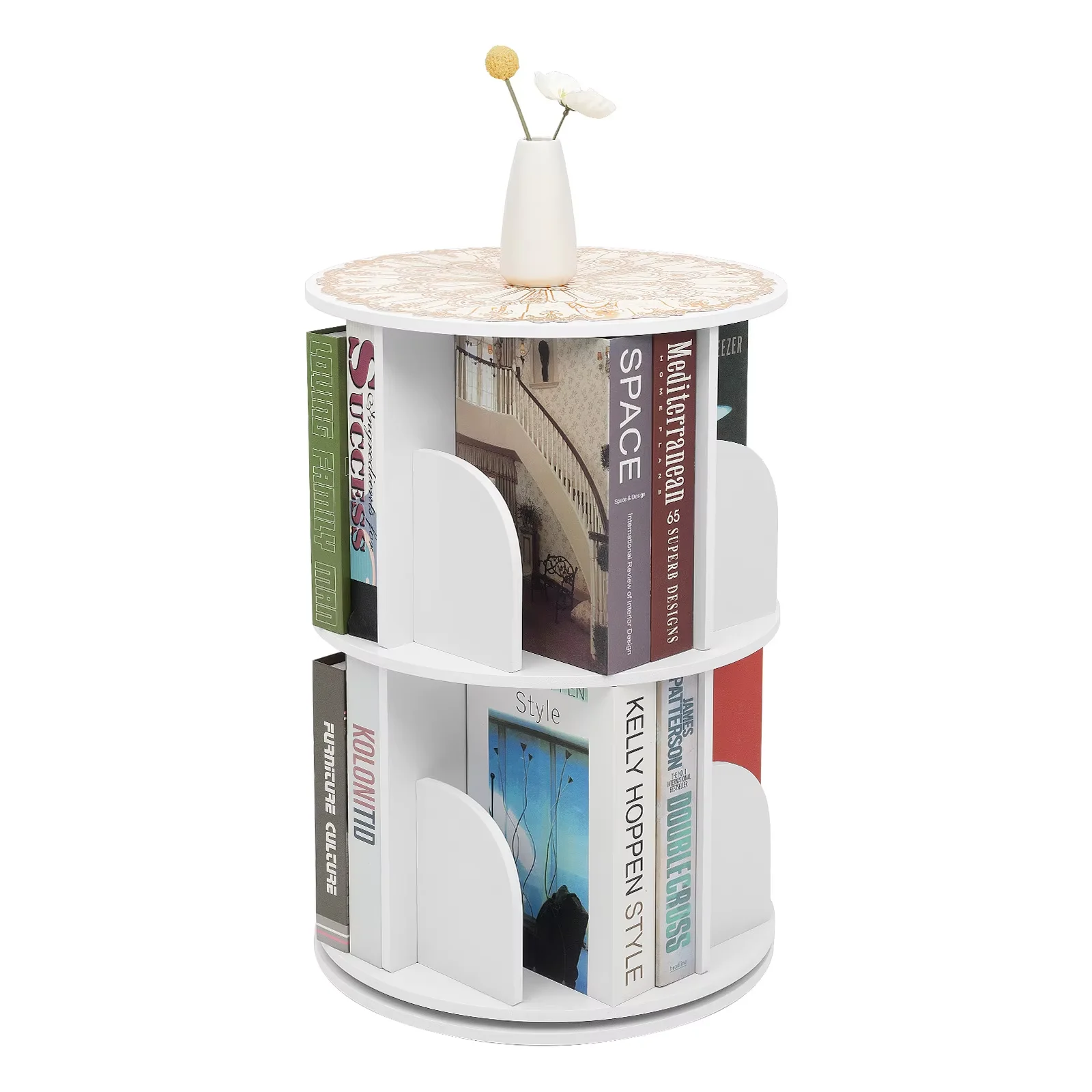 

2-Tier Vertical Rotating Bookcase 8 Compartments Storage Display Shelf w/Table Mat DIY Book Toys Organizing, Space-saving, 50kg