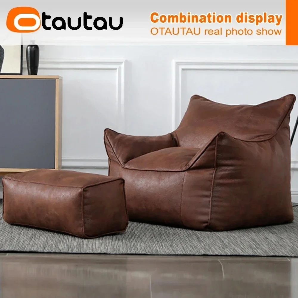 OTAUTAU Single Sofa Covers Without Filler Faux Leather Bean Bag Chair Ottoman Puff Salon Footstool Sectional Couch Sac SF001