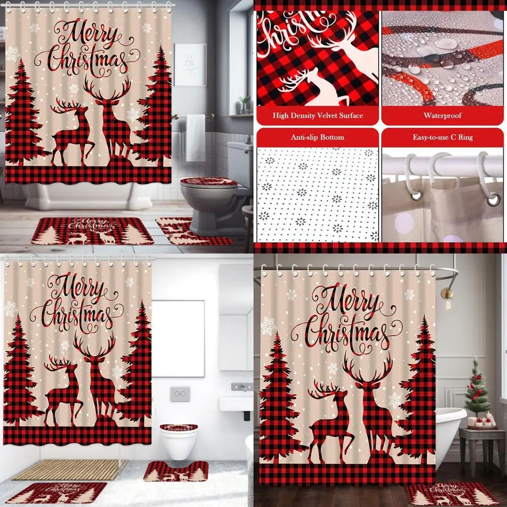 

Christmas Bathroom Set: Shower Curtain, Rugs, Toilet Lid Cover & U Mat with 12 Hooks