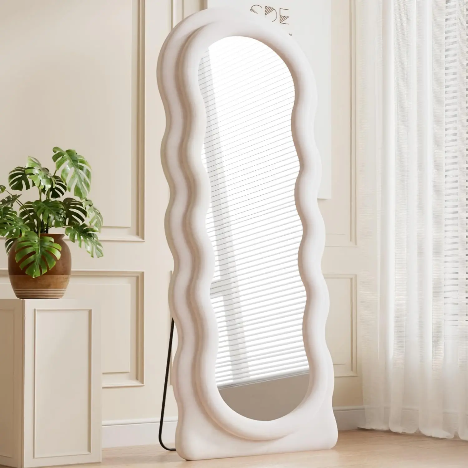 Full Length Mirror 63 X 24 Inch Flannel Wrapped Wooden Wavy White Floor Body Mirror Stand Wall Lean Bedroom Living Room Home Dec