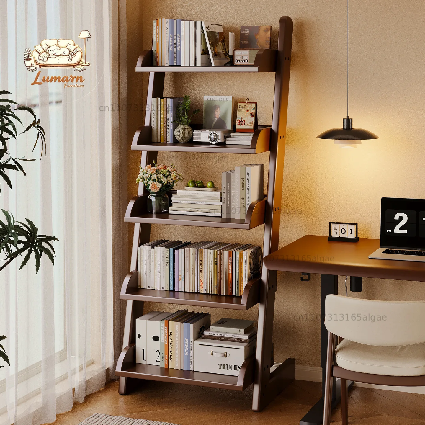 Solid wood bookshelf Floor-to-ceiling shelf integrated against the wall Household finishing and storage shelf Study stepped type