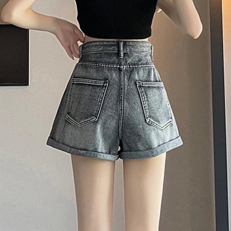 American Vintage Gray Wide Leg Denim Shorts for Women Fashion Rhinestone Roll Up Hem Shorts Streetwear High Waist Slim Hot Pants