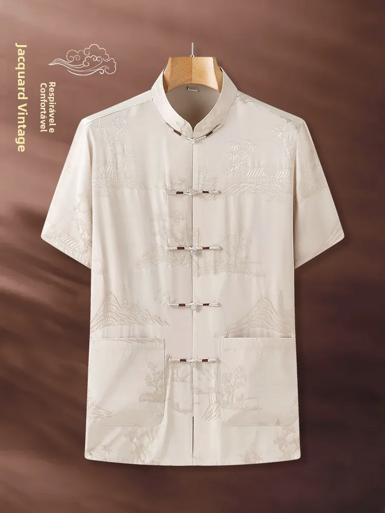 men's-short-sleeve-ice-silk-summer-outfit-set-elderly-dad-traditional-tang-costume-lightweight-breathable-casual-wear