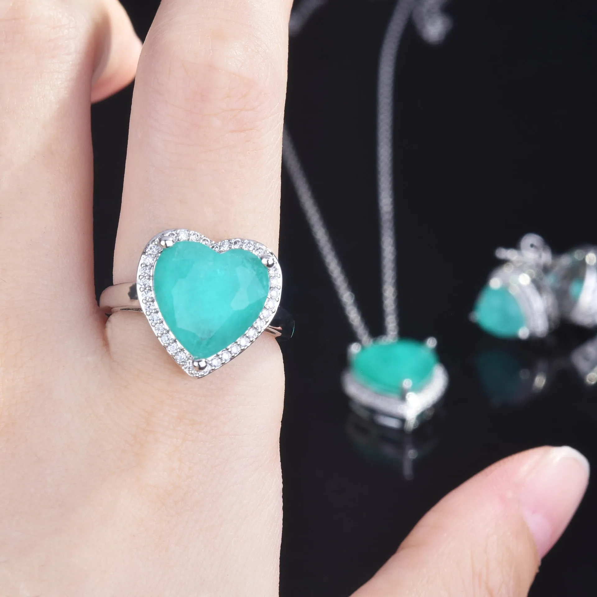 Silver Color Heart Shape Paraiba Tourmaline Gemstone Earrings Ring Necklace for Women Ladies Trendy Vintage Jewelry Party Gift