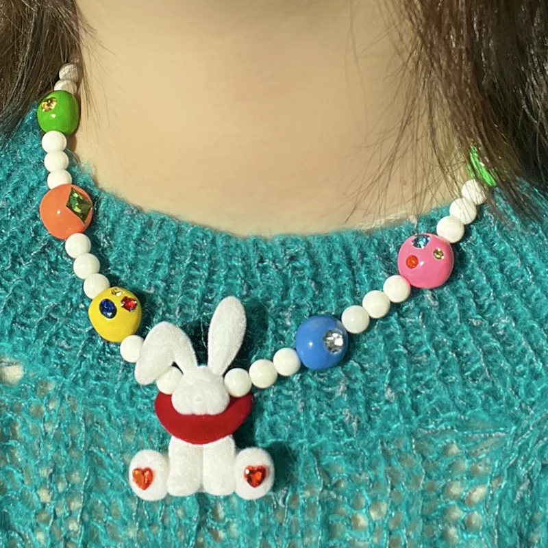 Original New Love Three-dimensional Plush Rabbit Collarbone Chain, Colorful Clay Bead Necklace Jewelry Gift for Women Girl