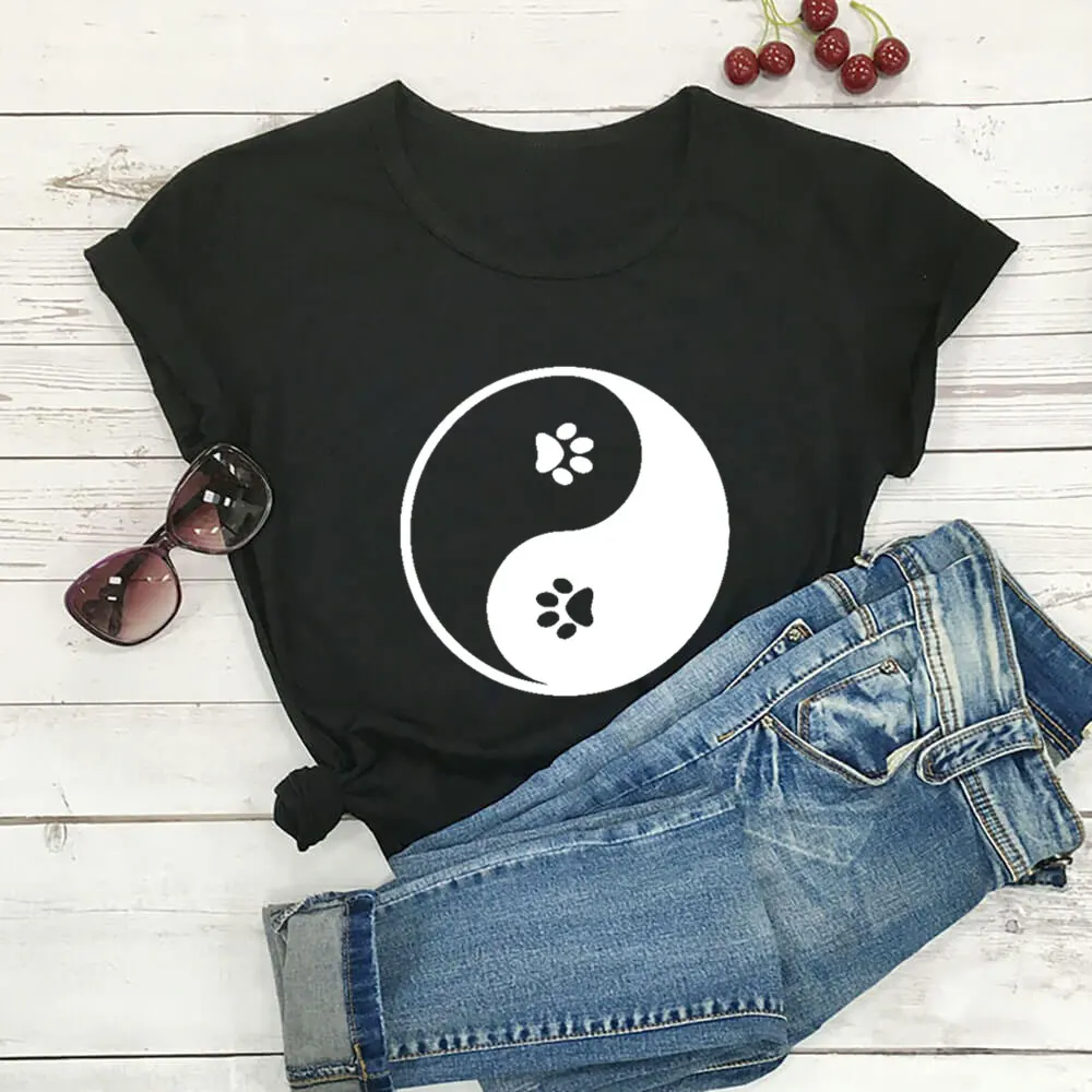 

Yin and Yang Cat Paws Cat Mom Shirt 100%Cotton Women's Tshirt Unisex Funny Summer Casual Short Sleeve Top Tee Gift for Pet Lover