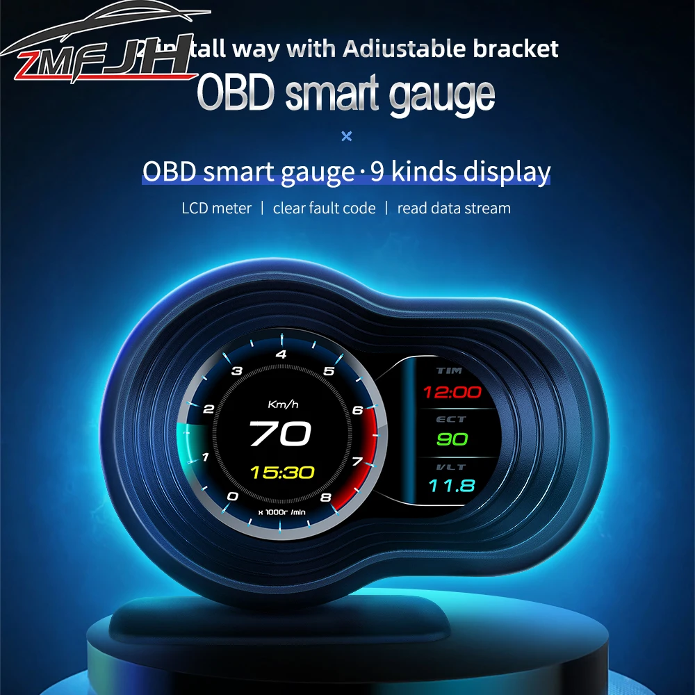 

F9 OBD Head Up Display Smart Gauge Speed Clock RPM Voltage Water Temp Fuel Consumption Digital Speedometer Display LCD Meter