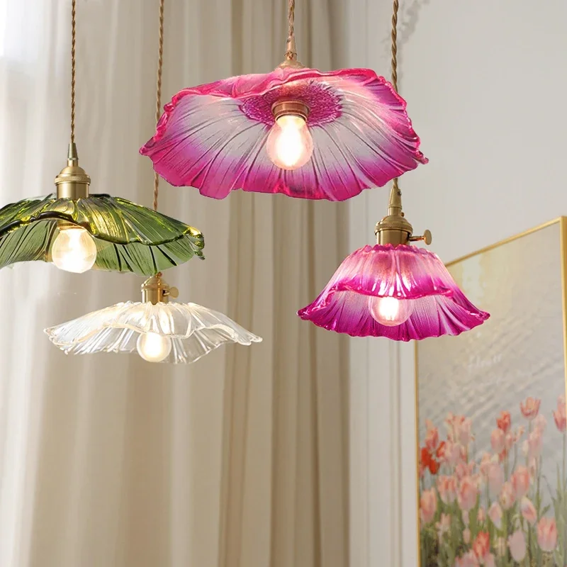 

Vintage Pendant Lights Flower Glass Hanging Lamps Home Decoration Lighting Living Room Bedroom Bedside Light Fixture Indoor Shop