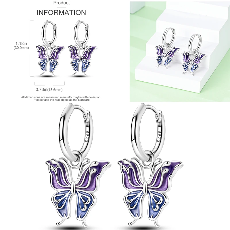 925 Sterling Silber Creolen Schmetterling Regenbogen Blume Tulpe Iris Lila Hängeohrringe Schmuck Geschenk für Frauen Mädchen – Detail 12