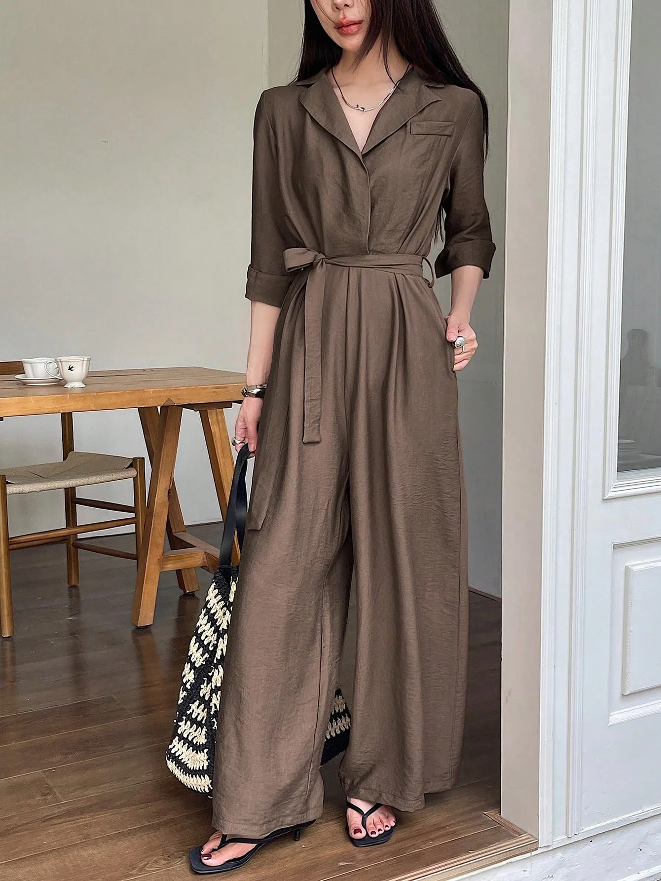 

Women's Spring and Autumn elegant temperament solid color V-neck long sleeved lace up wide leg jumpsuit