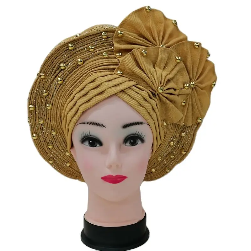 New Style Nigerian Gele Headtie Aso Oke Gele Already Made Auto Gele Aso Ebi Headtie African Turban Cap With Colorful Bead