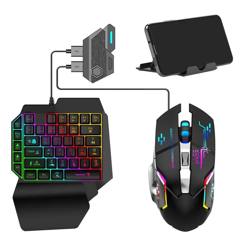 Teclado con cable para una mano, conjunto de ratón ergonómico, convertidor Bluetooth 5,0 para PC, teléfono móvil, accesorios para teléfono