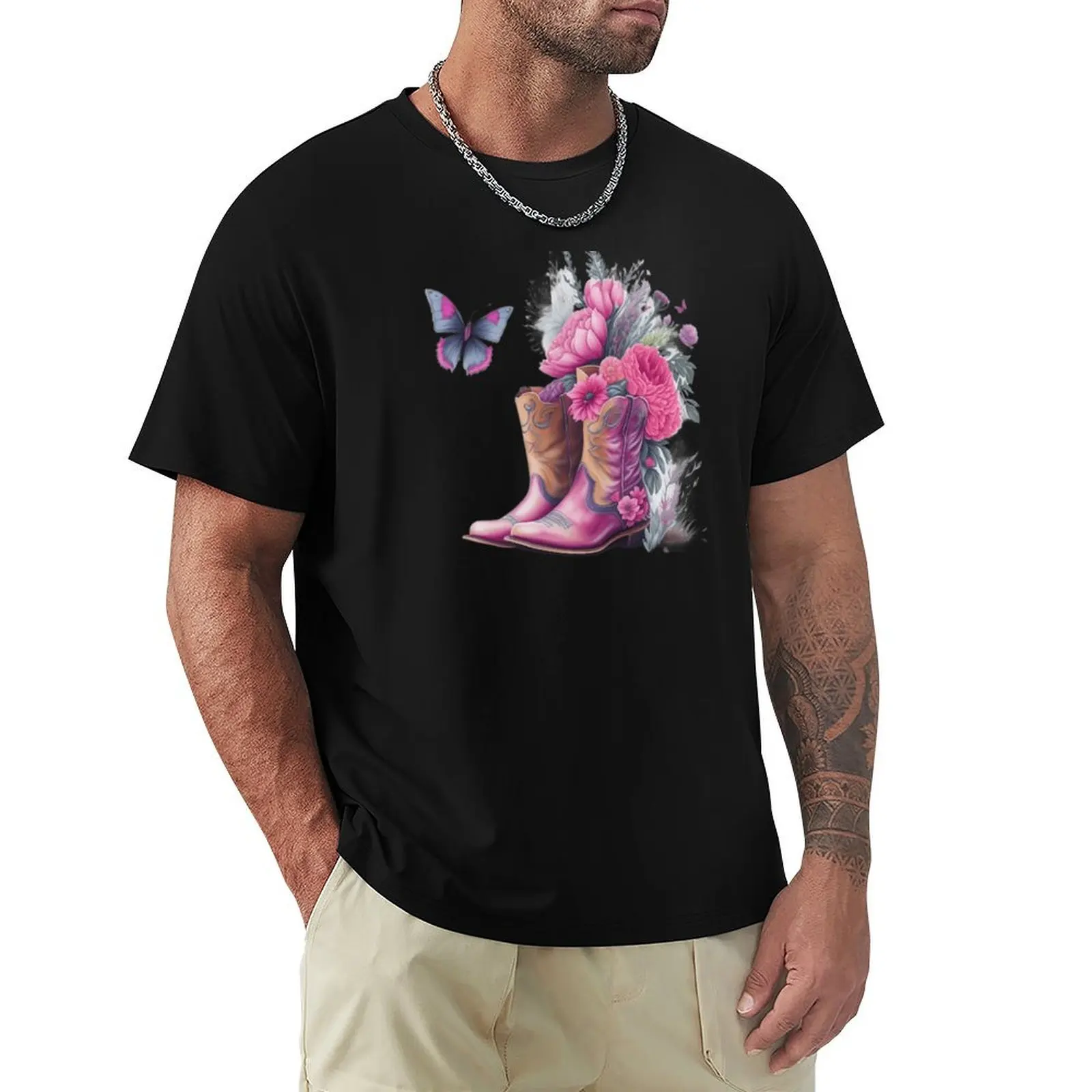 Pink Cowgirl Boots with Flowers and Butterflies T-Shirt Soft Casual Short Sleeve Cotton Tee