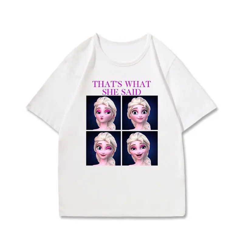 تي شيرت ديزني فروزن إلسا الأبيض للنساء والأطفال 2025 ملابس علوية صيفية من القطن غير رسمية ما قلت نص أربعة تصميم وجه مربع